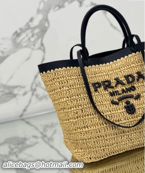 Top Design Prada Medium crochet straw and leather tote bag 1BG499 Dark Beige/Black 2024