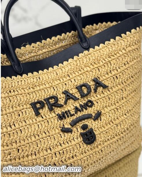 Top Design Prada Medium crochet straw and leather tote bag 1BG499 Dark Beige/Black 2024