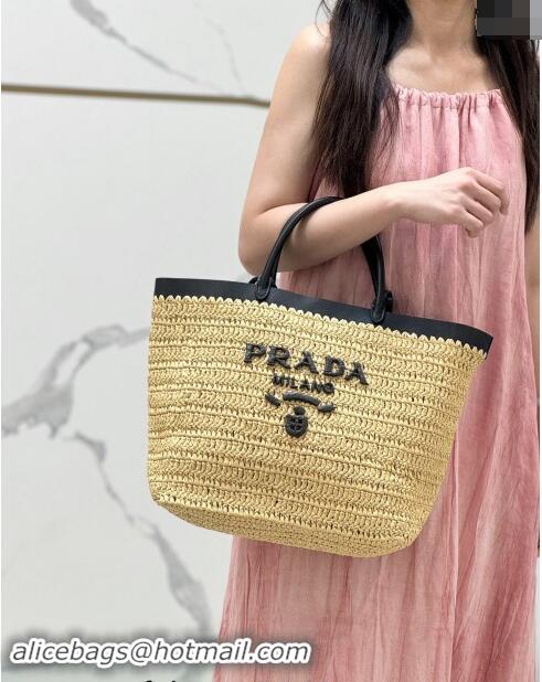 Top Design Prada Medium crochet straw and leather tote bag 1BG499 Dark Beige/Black 2024