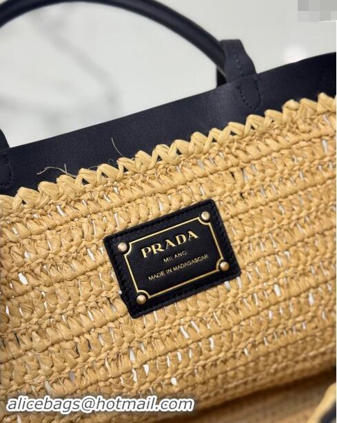 Top Design Prada Medium crochet straw and leather tote bag 1BG499 Dark Beige/Black 2024