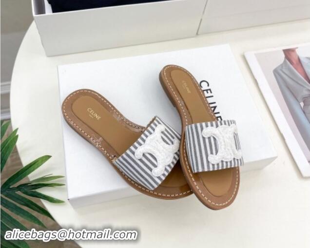 Sumptuous Celine Lympia Flat Slides Sandal in Striped Canvas Grey 813042