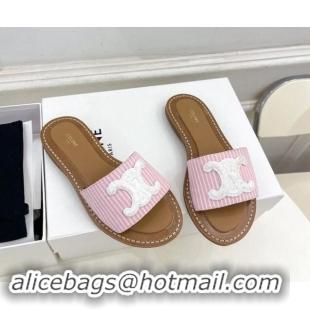 Best Grade Celine Lympia Flat Slides Sandal in Striped Canvas Pink 813043