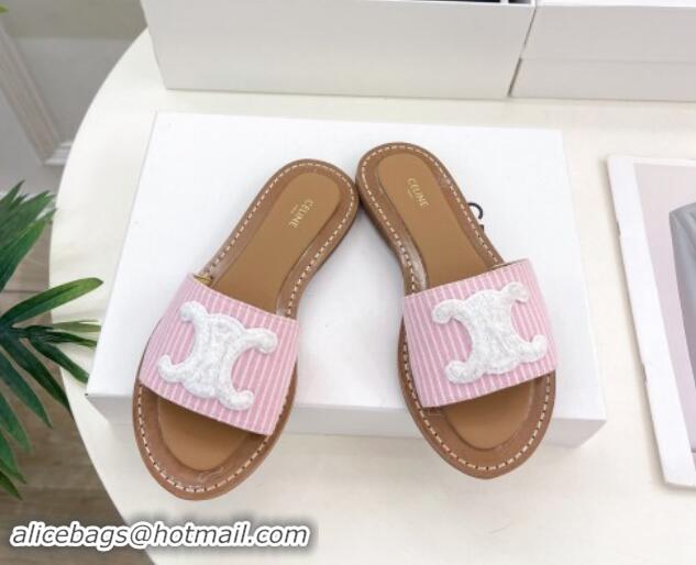 Best Grade Celine Lympia Flat Slides Sandal in Striped Canvas Pink 813043