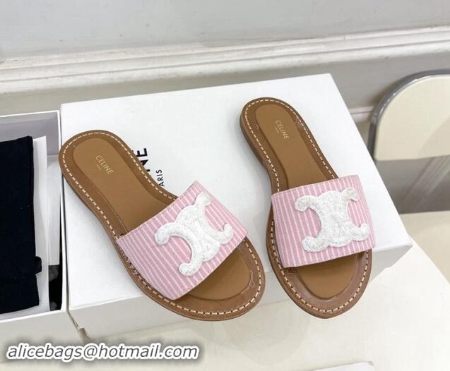 Best Grade Celine Lympia Flat Slides Sandal in Striped Canvas Pink 813043