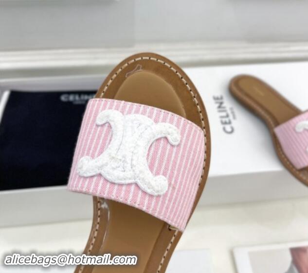 Best Grade Celine Lympia Flat Slides Sandal in Striped Canvas Pink 813043