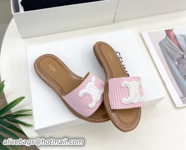 Best Grade Celine Lympia Flat Slides Sandal in Striped Canvas Pink 813043