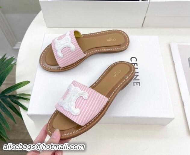 Best Grade Celine Lympia Flat Slides Sandal in Striped Canvas Pink 813043