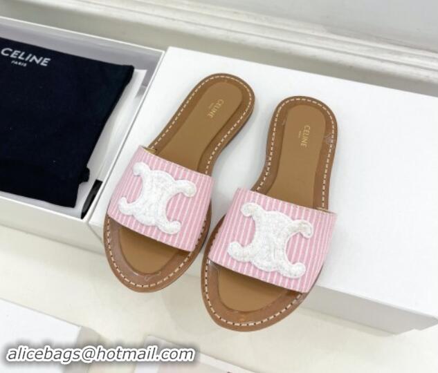 Best Grade Celine Lympia Flat Slides Sandal in Striped Canvas Pink 813043