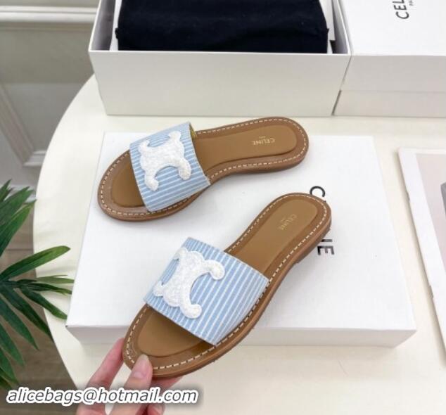 Perfect Celine Lympia Flat Slides Sandal in Striped Canvas Blue 813044