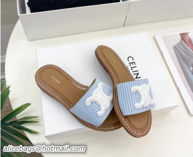 Perfect Celine Lympia Flat Slides Sandal in Striped Canvas Blue 813044