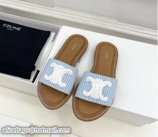 Perfect Celine Lympia Flat Slides Sandal in Striped Canvas Blue 813044