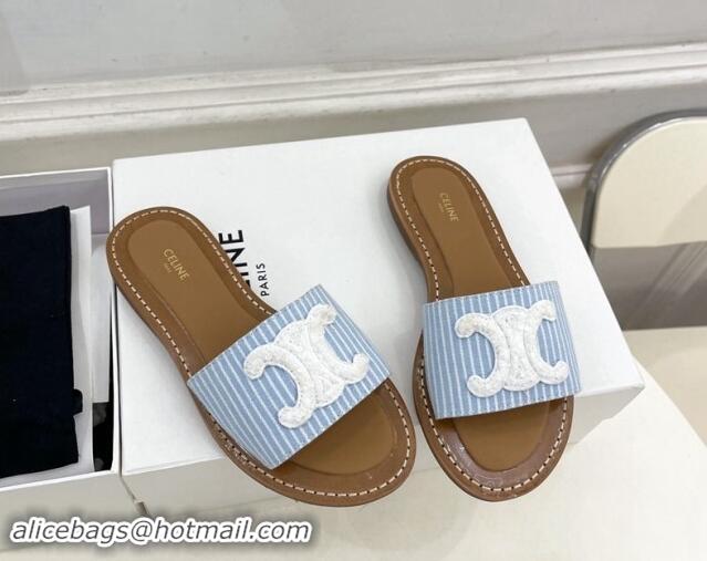 Perfect Celine Lympia Flat Slides Sandal in Striped Canvas Blue 813044