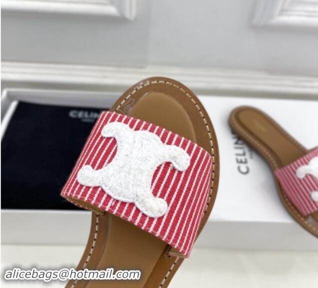 Best Price Celine Lympia Flat Slides Sandal in Striped Canvas Red 813045