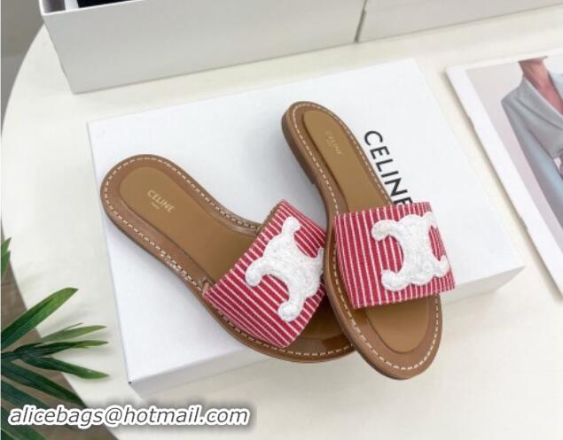 Best Price Celine Lympia Flat Slides Sandal in Striped Canvas Red 813045