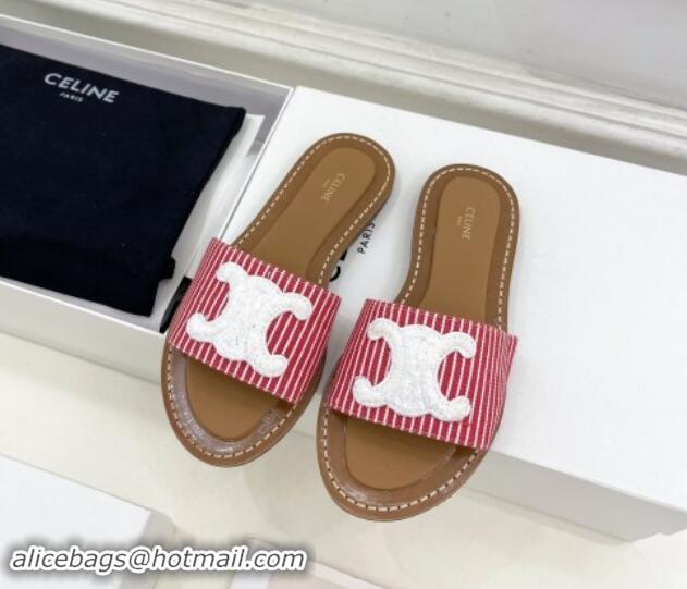 Best Price Celine Lympia Flat Slides Sandal in Striped Canvas Red 813045