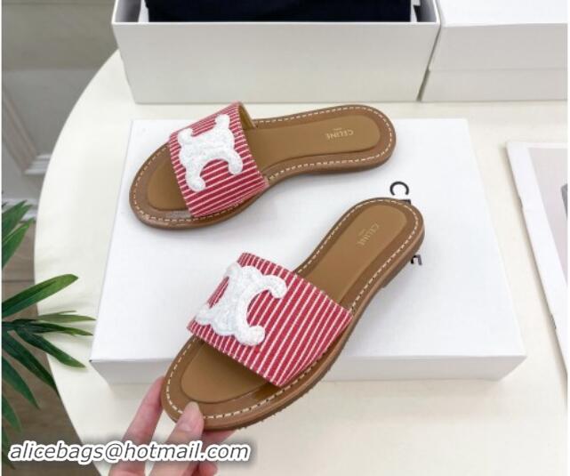 Best Price Celine Lympia Flat Slides Sandal in Striped Canvas Red 813045