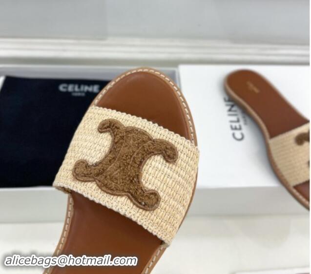 Low Price Celine Lympia Flat Slides Sandal in Raffia Straw Beige/Dark Brown 813046