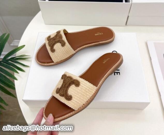 Low Price Celine Lympia Flat Slides Sandal in Raffia Straw Beige/Dark Brown 813046