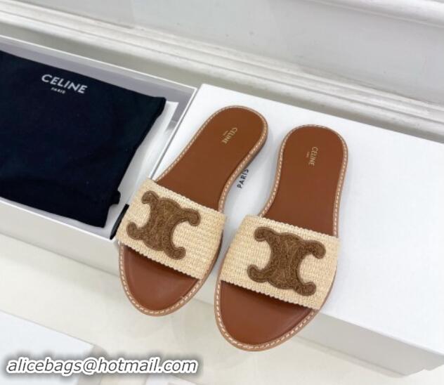 Low Price Celine Lympia Flat Slides Sandal in Raffia Straw Beige/Dark Brown 813046