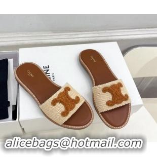 Purchase Celine Lympia Flat Slides Sandal in Raffia Straw Beige/Tan Brown 813047