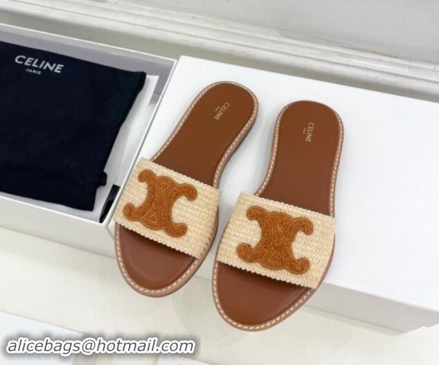 Purchase Celine Lympia Flat Slides Sandal in Raffia Straw Beige/Tan Brown 813047