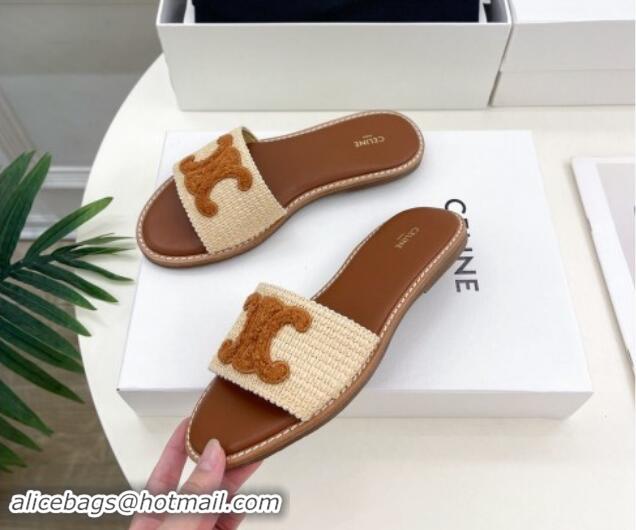 Purchase Celine Lympia Flat Slides Sandal in Raffia Straw Beige/Tan Brown 813047