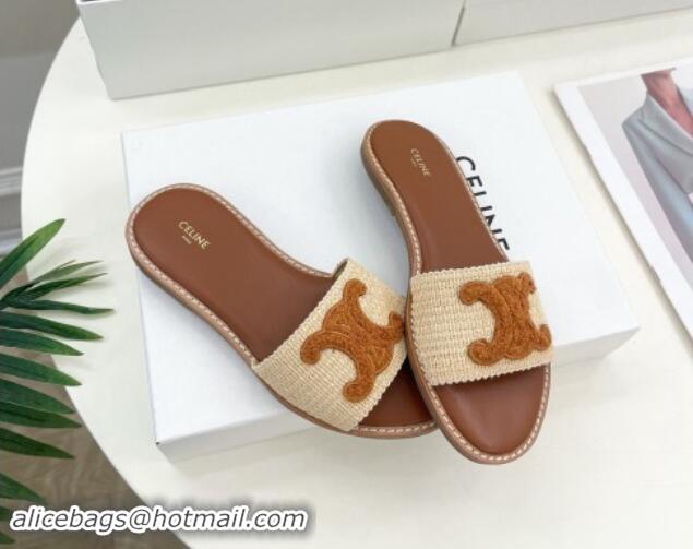 Purchase Celine Lympia Flat Slides Sandal in Raffia Straw Beige/Tan Brown 813047