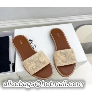 Good Quality Celine Lympia Flat Slides Sandal in Raffia Straw Beige 813048