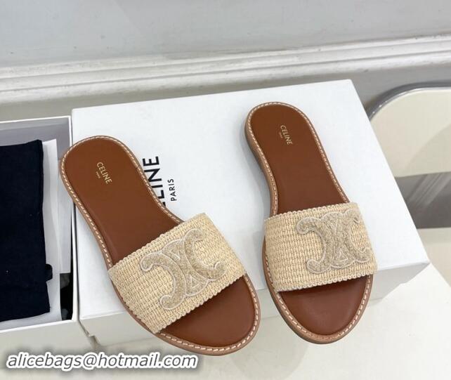 Good Quality Celine Lympia Flat Slides Sandal in Raffia Straw Beige 813048