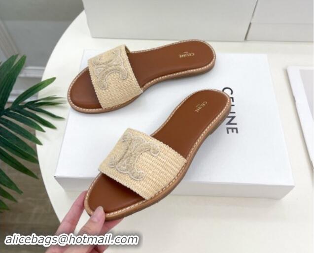 Good Quality Celine Lympia Flat Slides Sandal in Raffia Straw Beige 813048