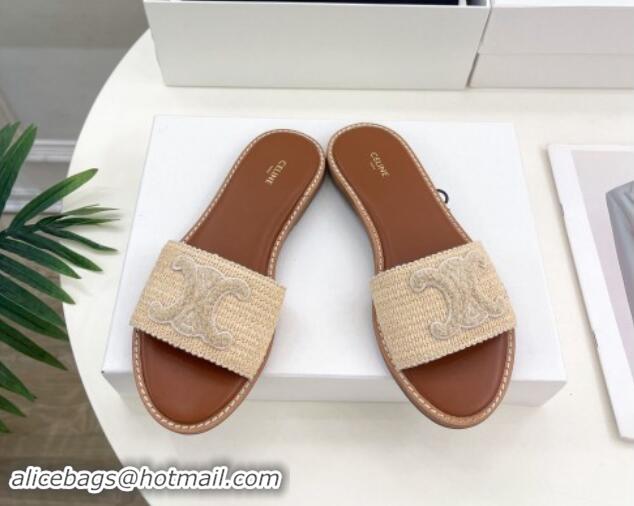 Good Quality Celine Lympia Flat Slides Sandal in Raffia Straw Beige 813048