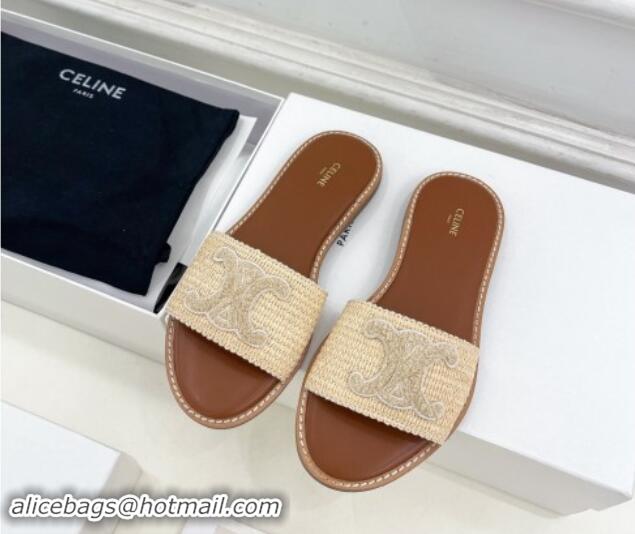 Good Quality Celine Lympia Flat Slides Sandal in Raffia Straw Beige 813048