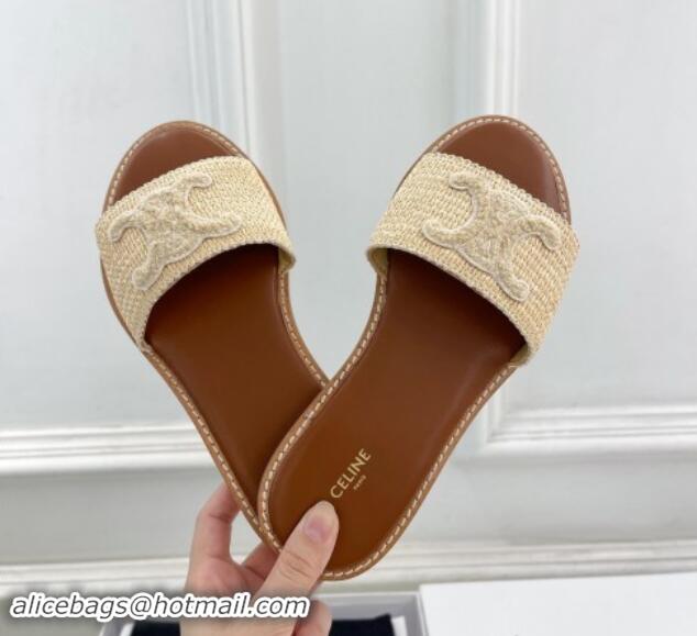 Good Quality Celine Lympia Flat Slides Sandal in Raffia Straw Beige 813048