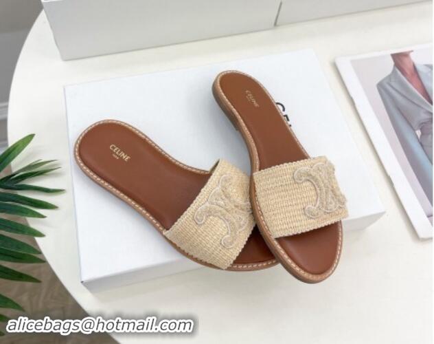 Good Quality Celine Lympia Flat Slides Sandal in Raffia Straw Beige 813048