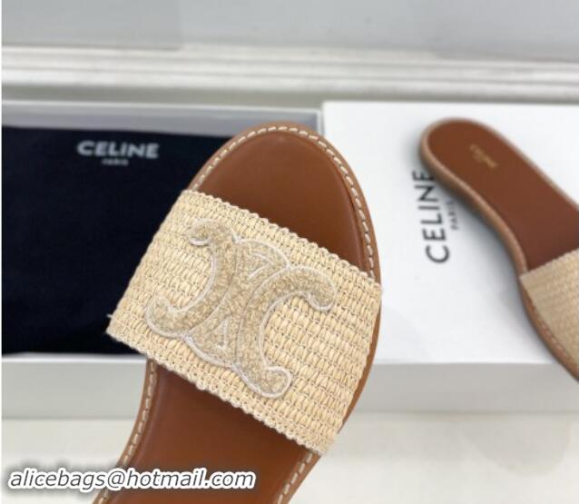 Good Quality Celine Lympia Flat Slides Sandal in Raffia Straw Beige 813048