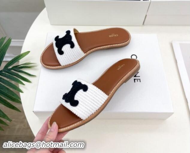 Grade Quality Celine Lympia Flat Slides Sandal in Raffia Straw White/Black2 813049