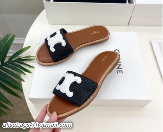 Classic Hot Celine Lympia Flat Slides Sandal in Raffia Straw Black/White2 813050