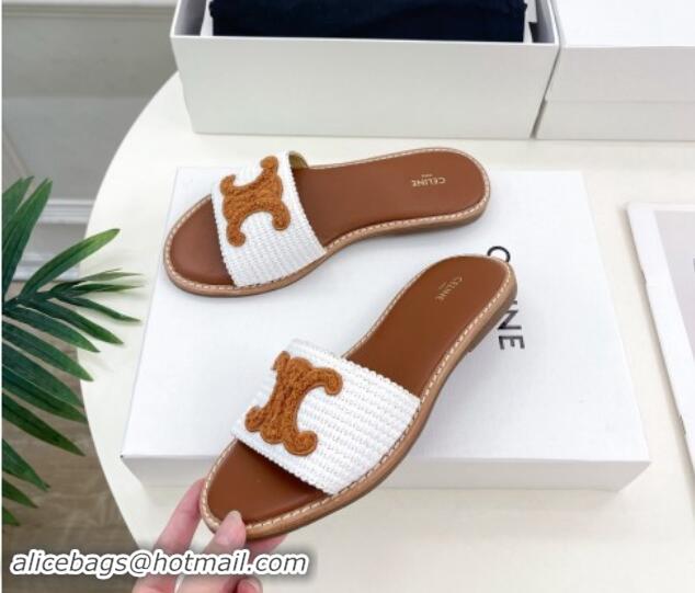 Top Grade Celine Lympia Flat Slides Sandal in Raffia Straw White/Brown 813051