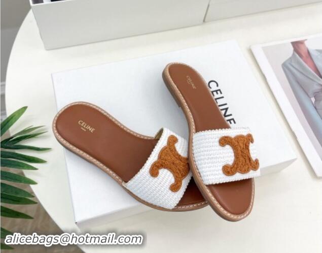 Top Grade Celine Lympia Flat Slides Sandal in Raffia Straw White/Brown 813051