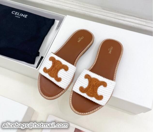 Top Grade Celine Lympia Flat Slides Sandal in Raffia Straw White/Brown 813051