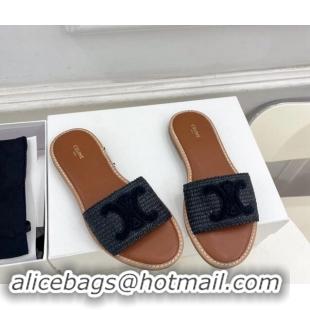 Good Looking Celine Lympia Flat Slides Sandal in Raffia Straw Black 813052