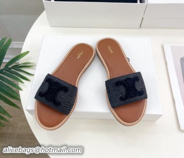 Good Looking Celine Lympia Flat Slides Sandal in Raffia Straw Black 813052