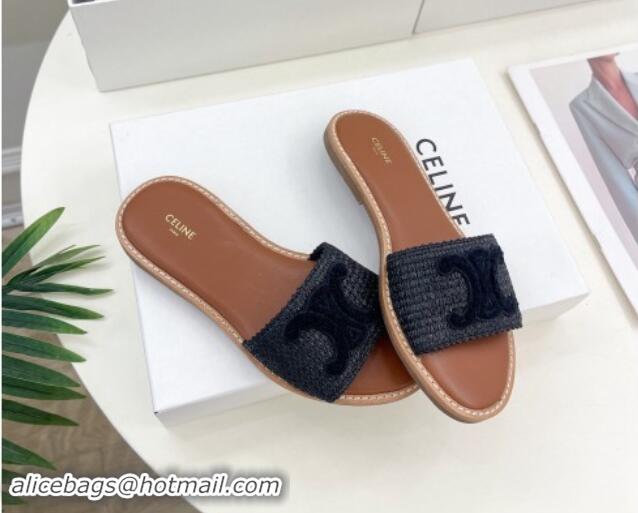 Good Looking Celine Lympia Flat Slides Sandal in Raffia Straw Black 813052