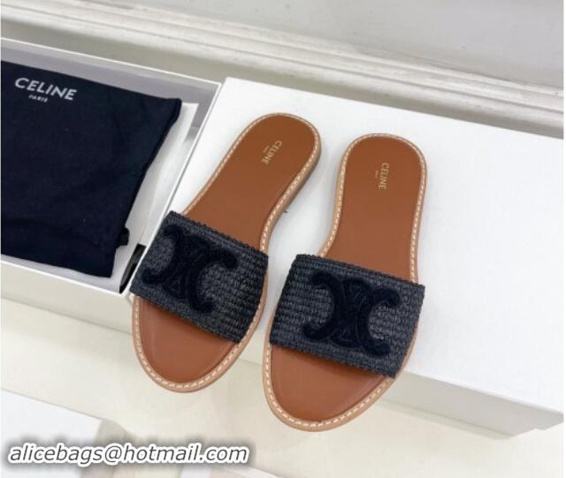 Good Looking Celine Lympia Flat Slides Sandal in Raffia Straw Black 813052