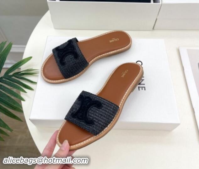 Good Looking Celine Lympia Flat Slides Sandal in Raffia Straw Black 813052