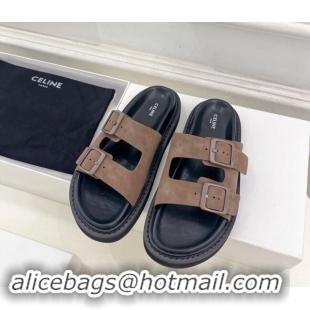 Pretty Style Celine Suede Flat Slides Sandal with Double Buckle Strap Brown 813053