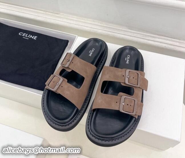 Pretty Style Celine Suede Flat Slides Sandal with Double Buckle Strap Brown 813053