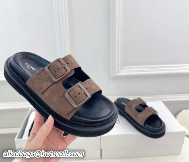 Pretty Style Celine Suede Flat Slides Sandal with Double Buckle Strap Brown 813053