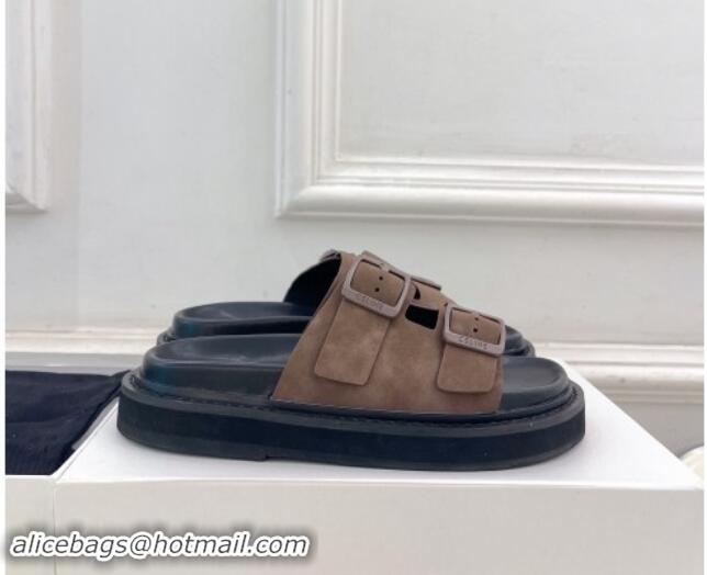 Pretty Style Celine Suede Flat Slides Sandal with Double Buckle Strap Brown 813053