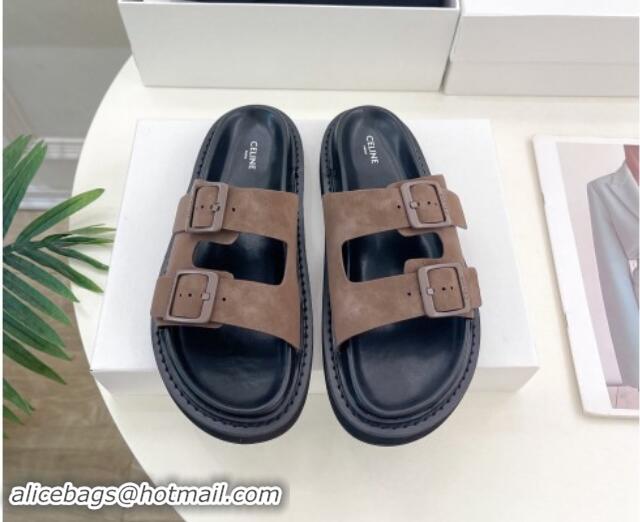 Pretty Style Celine Suede Flat Slides Sandal with Double Buckle Strap Brown 813053